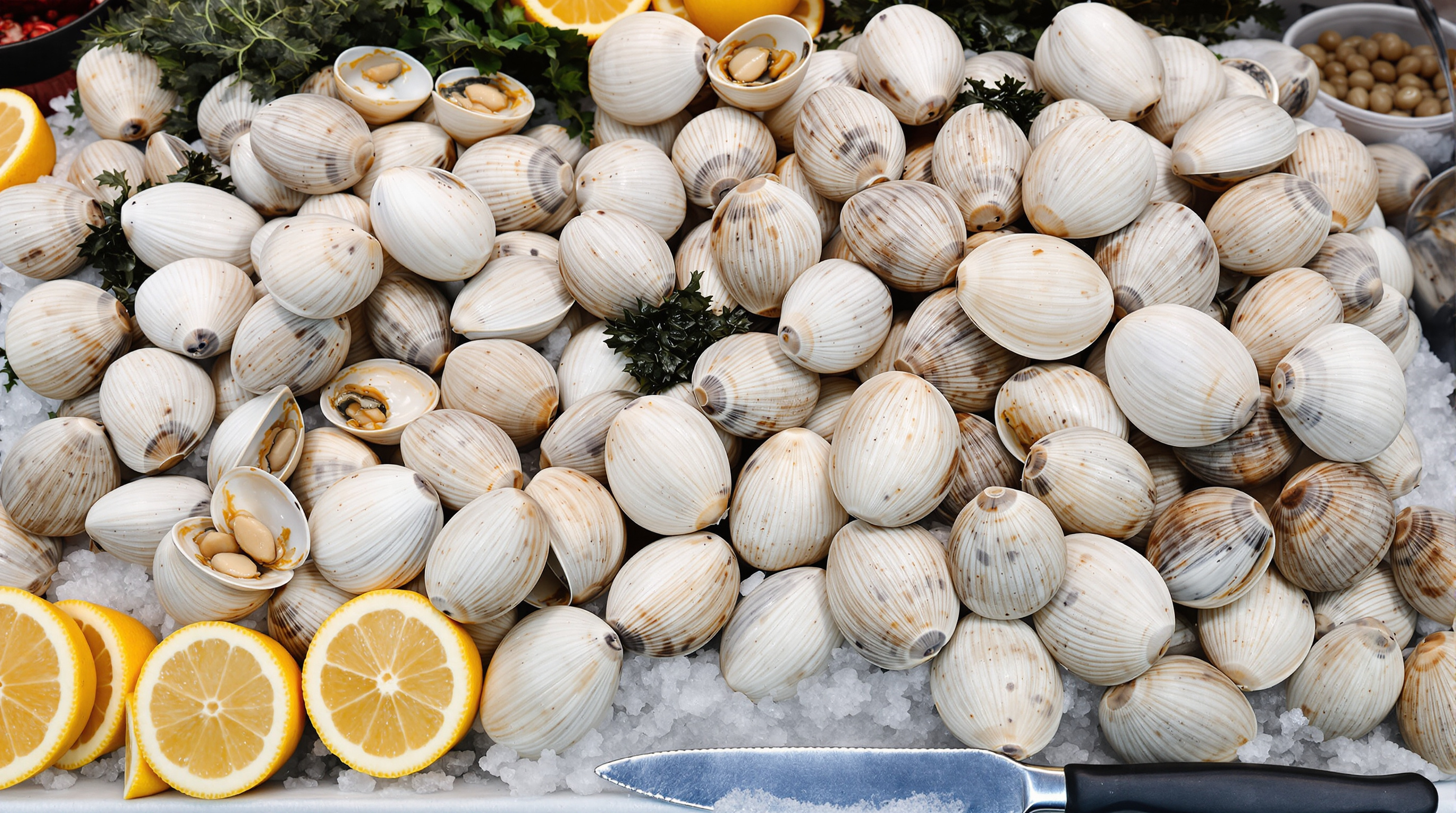 Fresh littleneck clams and quahogs on ice at a raw bar