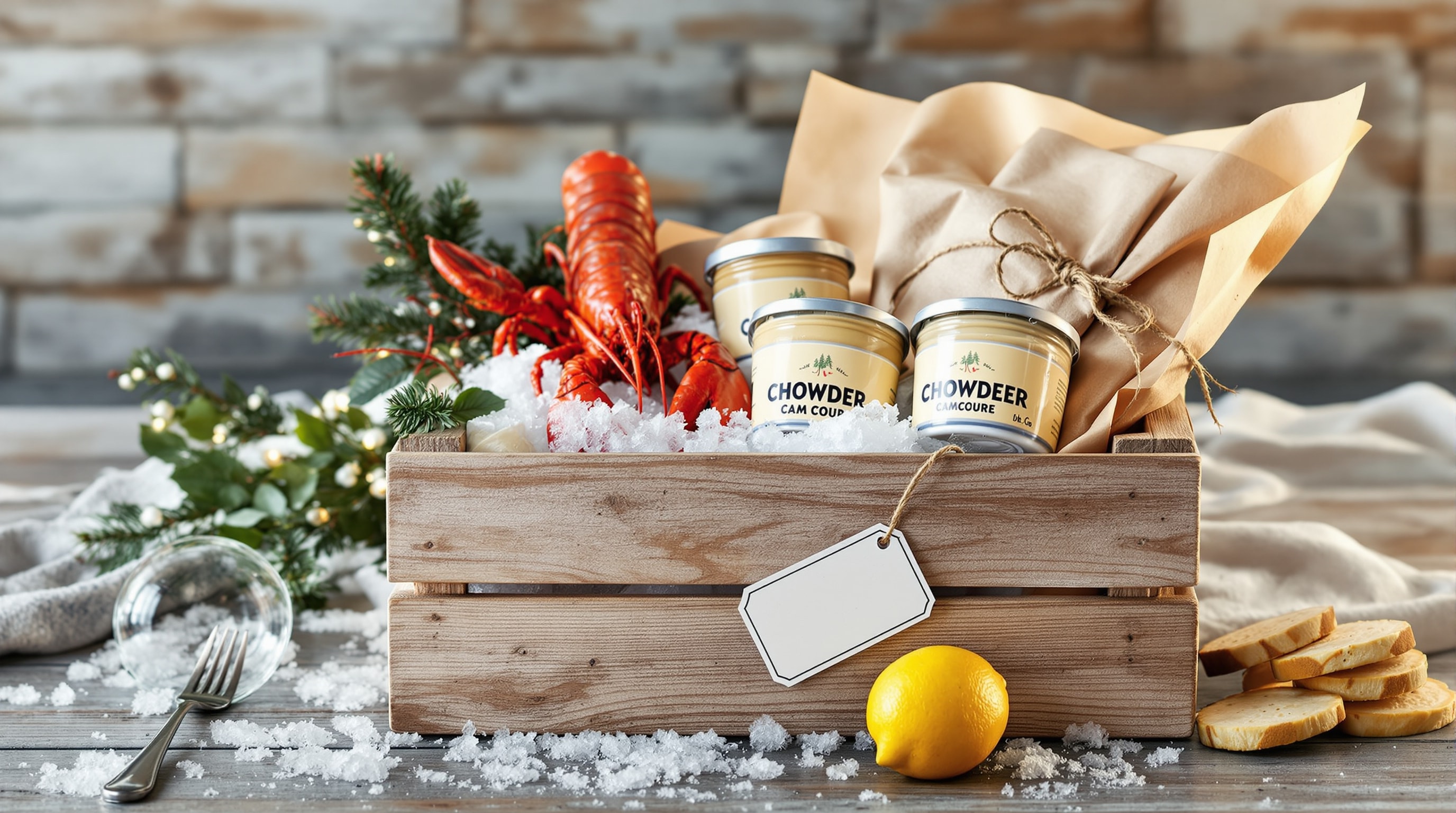Wooden seafood gift crate with lobster and chowder packed on ice