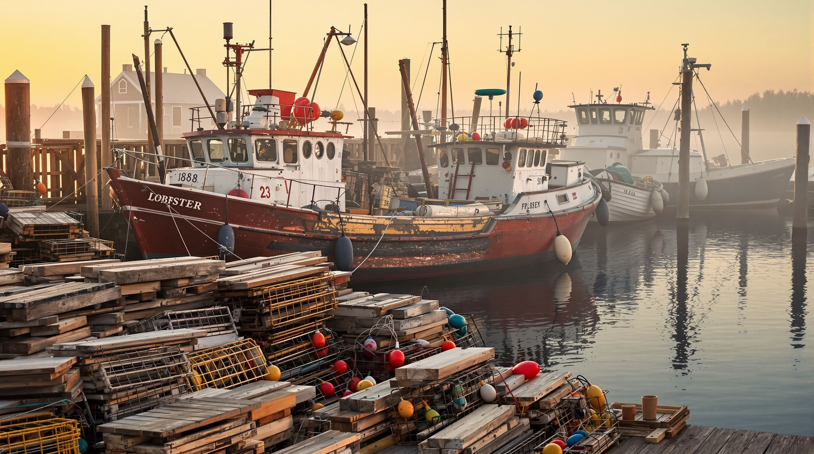Lobster boats and traps at a New England harbor dock at sunrise