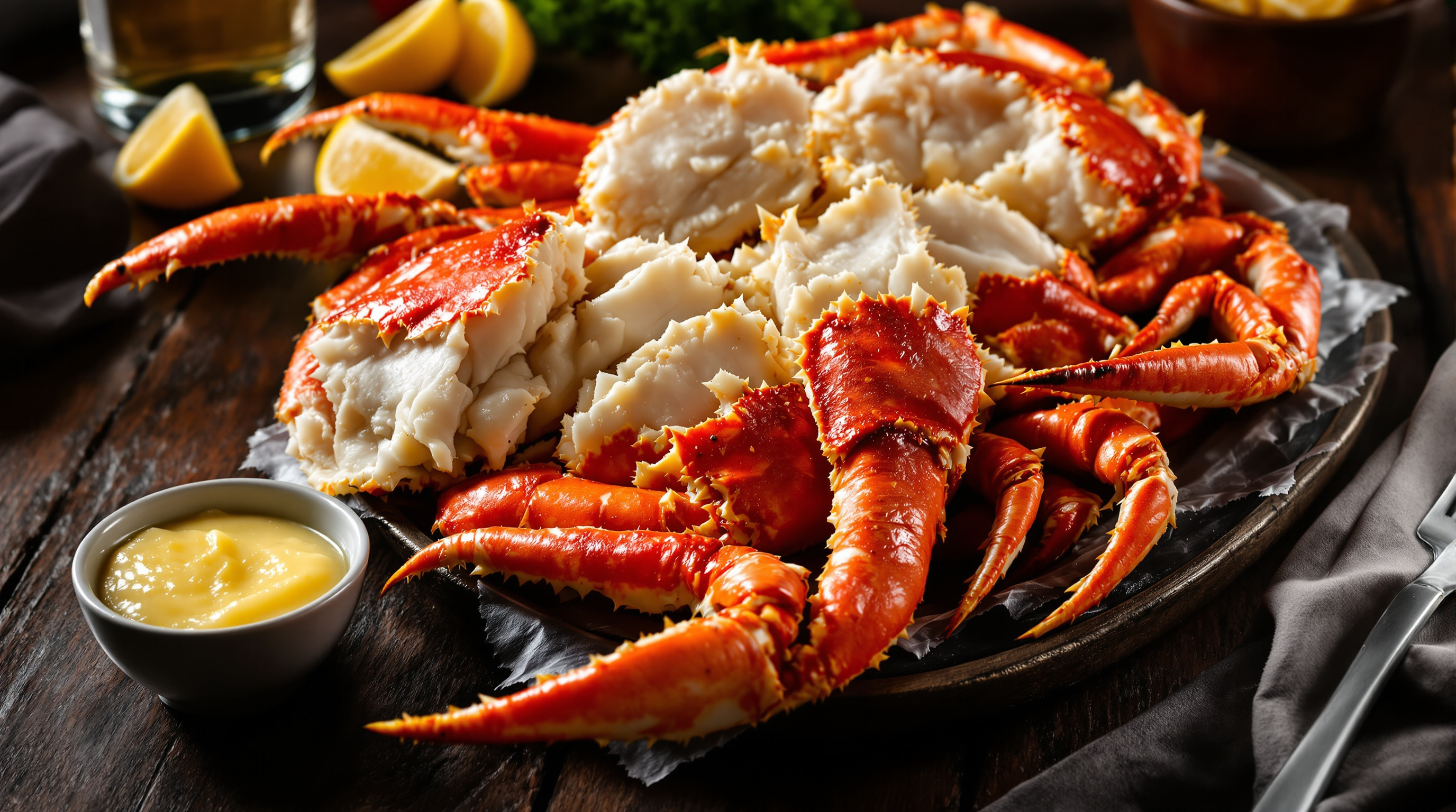 Alaskan red king crab legs with drawn butter and lemon