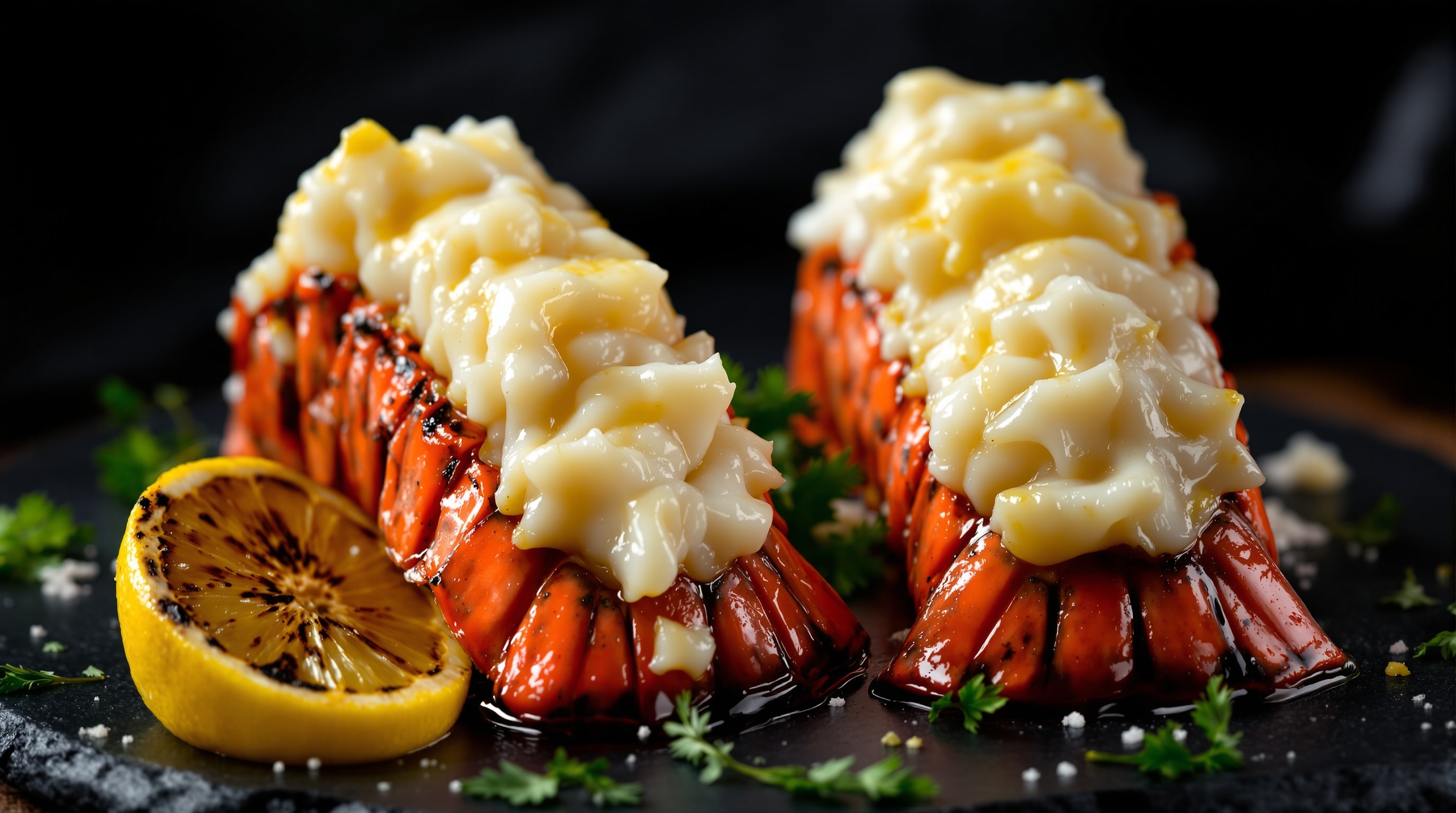 Broiled butterflied lobster tails with butter and lemon