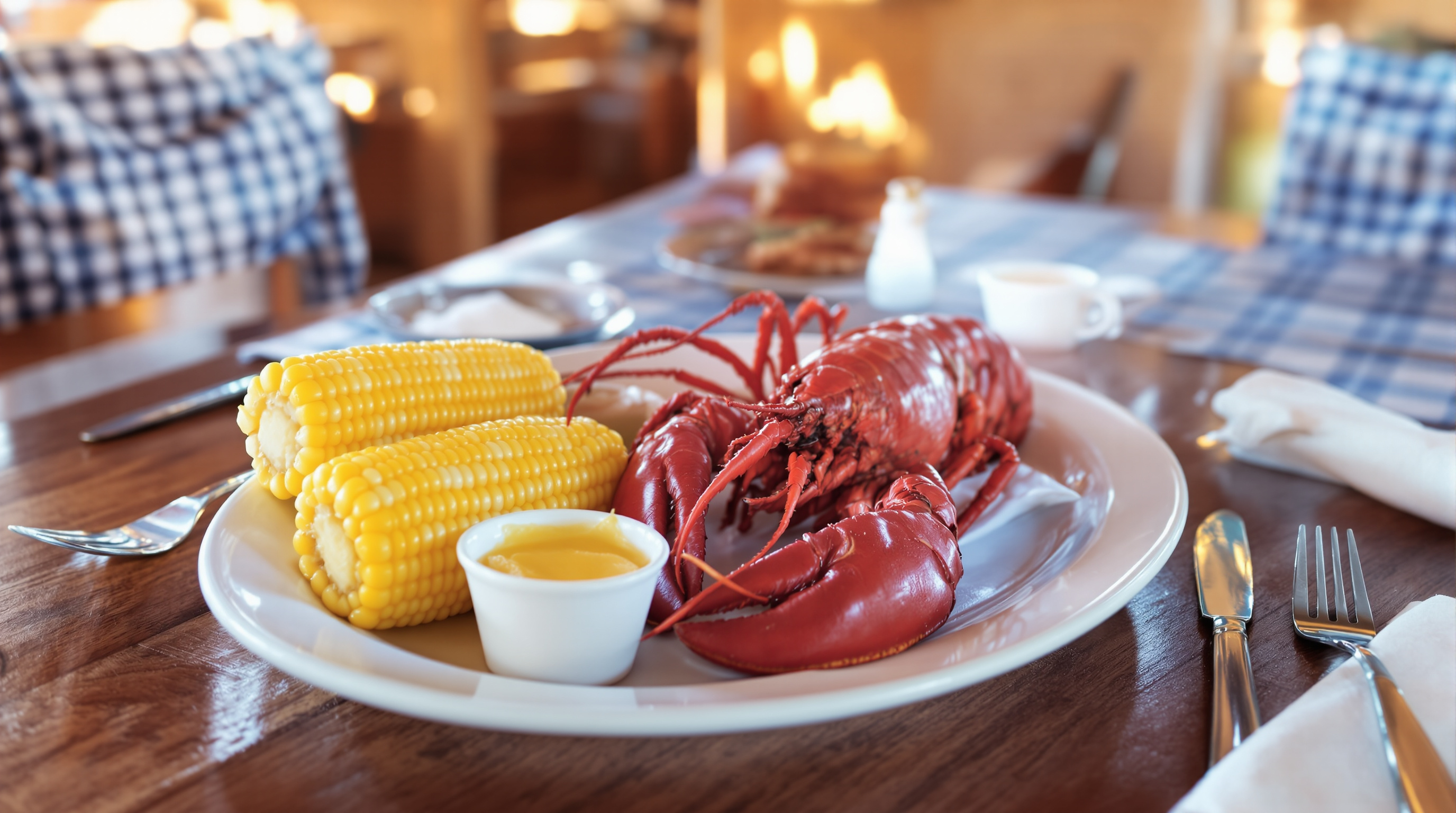 Steamed whole Maine lobster dinner with corn and drawn butter