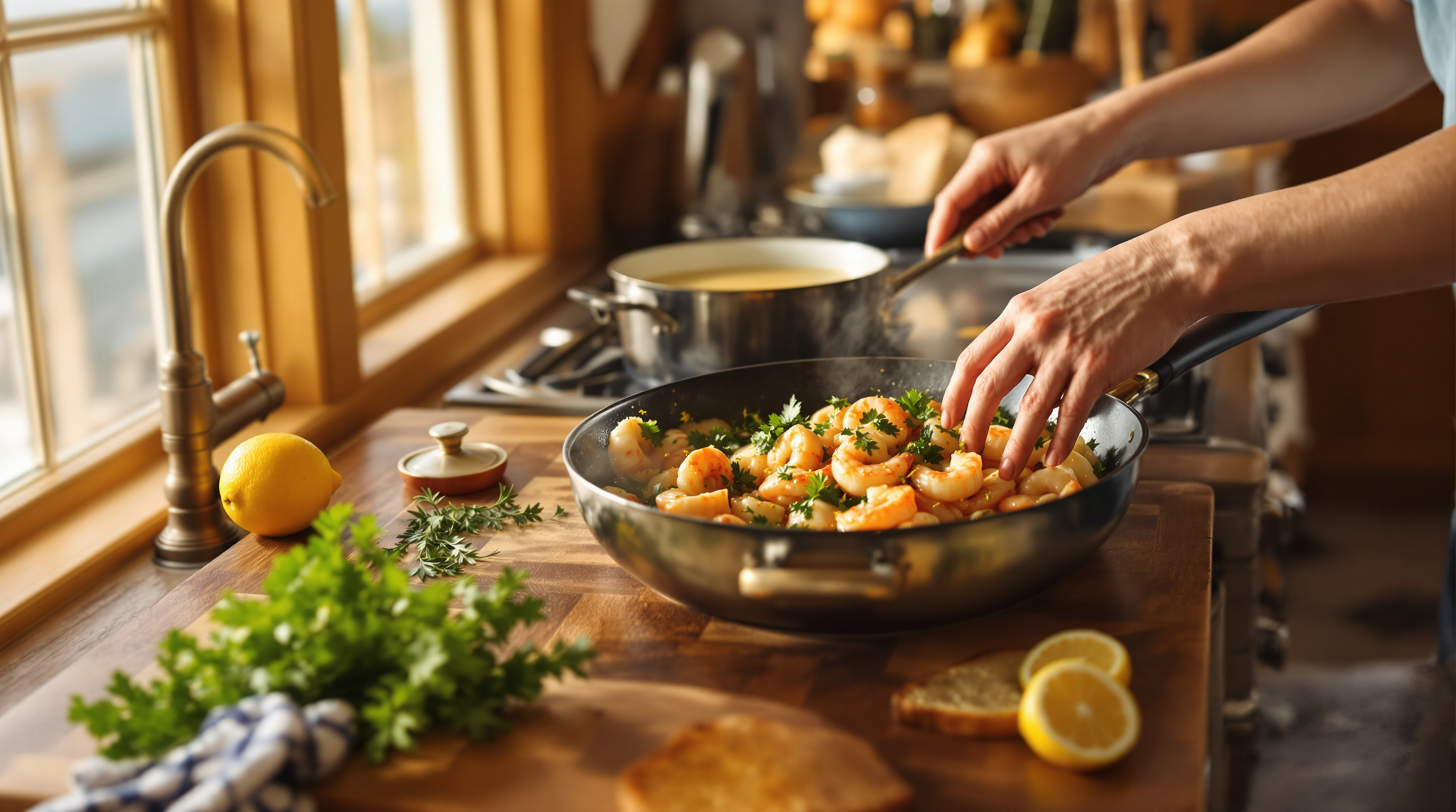 Cooking seafood recipes in a coastal kitchen